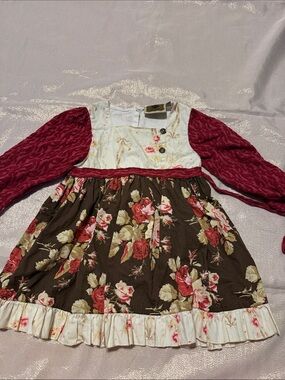 Girls Floral Brown and Cream Long-Sleeve Dress with Burgundy Sleeves